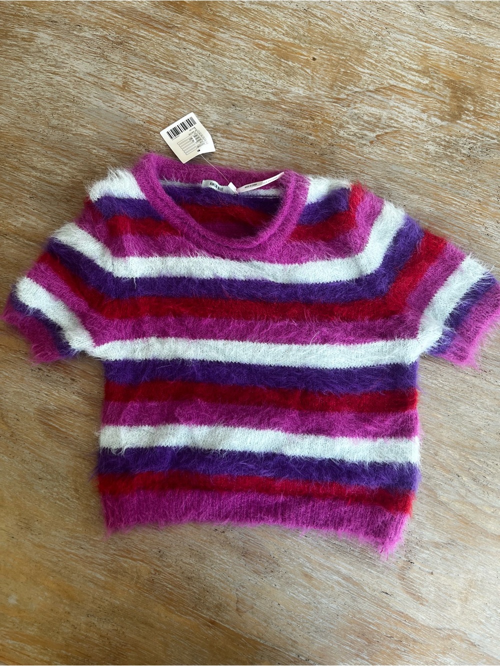 Kimchi Blue Fuzzy Striped Crewneck in Pink, Purple, Red & White